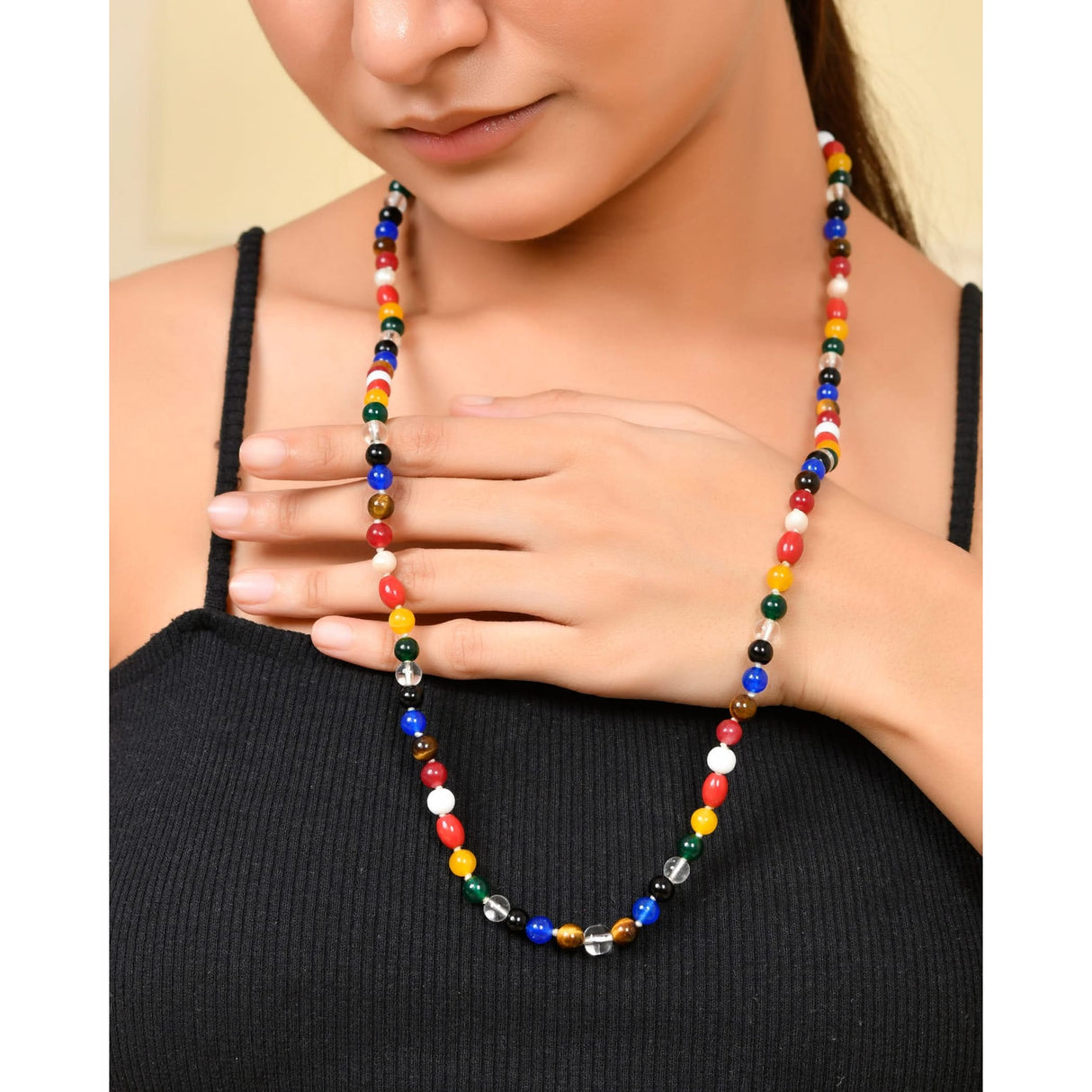 Colorful beaded necklace featuring natural healing crystals for yoga and meditation