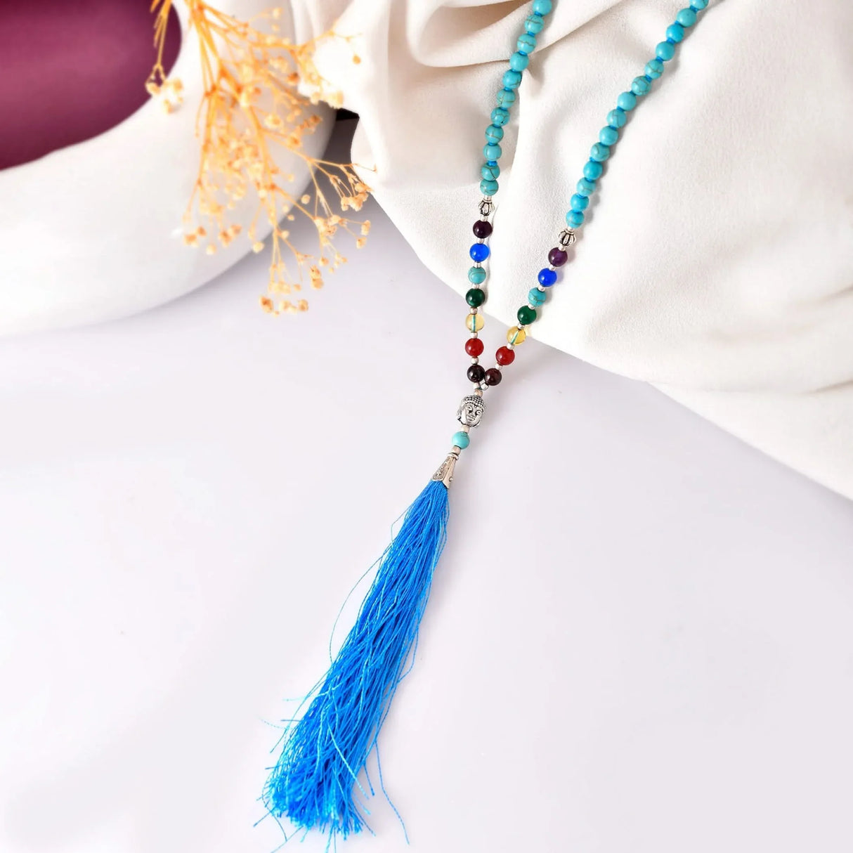 LOVENSPIRE 108 Mala Beads 7 Chakra Buddhist Prayer Beaded Japa Mala Buddha Charm Natural Healing Crystal Gemstones Yoga Meditation Necklace Tassel Tibetan Hand Knotted Rosary Men Women Jewelry - LoveNspire