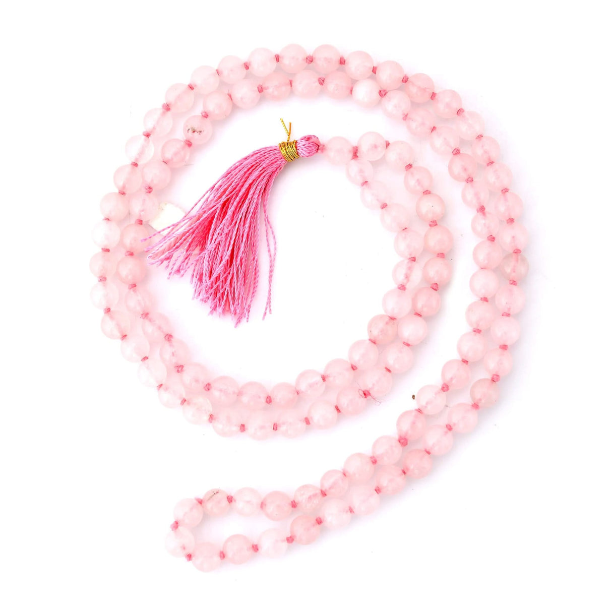 Pink beaded mala necklace with tassel, made of natural healing crystal gemstones for meditation