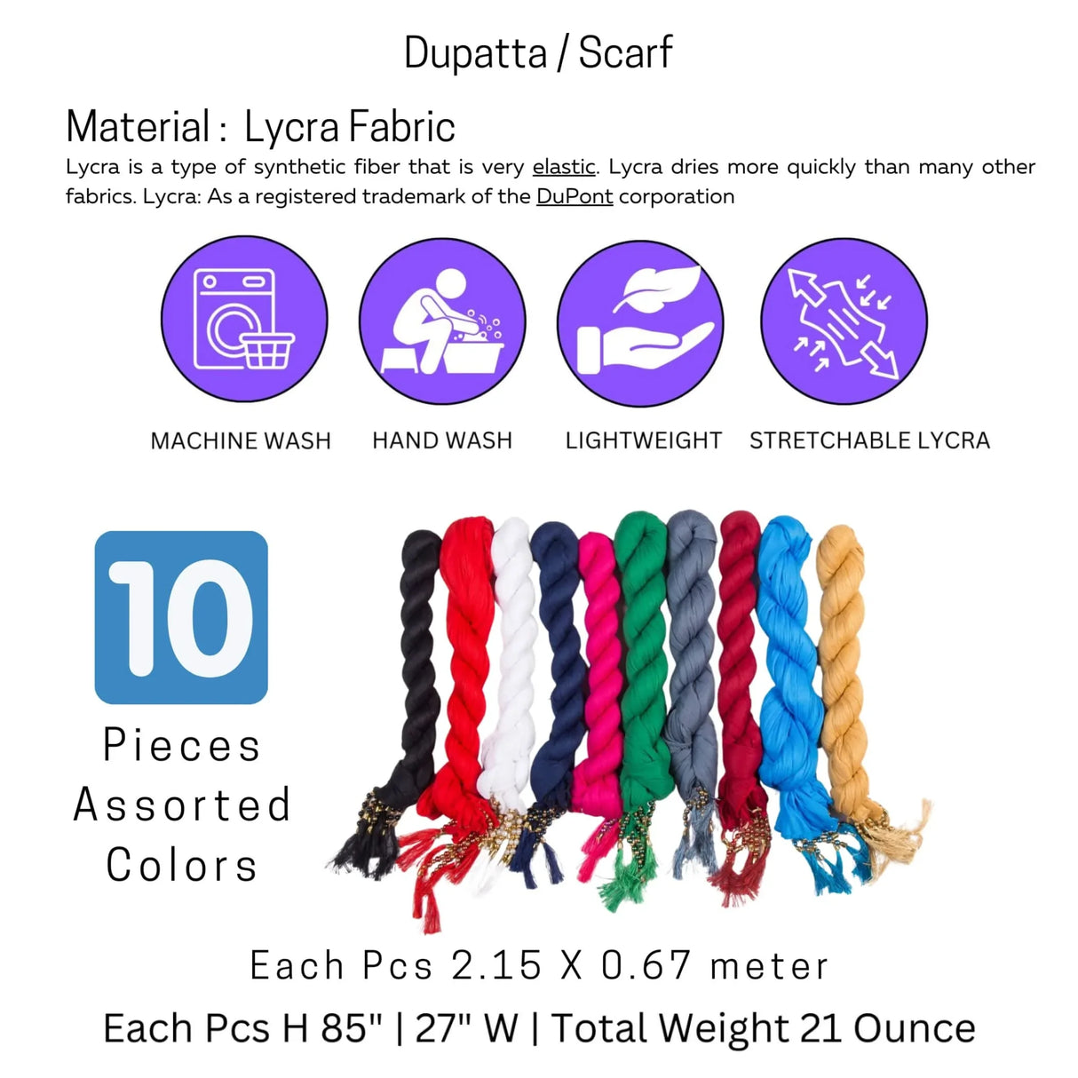 Lycra Dupatta for Women Plain Scarf Shawl Wrap Soft Indian Wedding Lightweight Dupatta with Tassels Lace - LoveNspire