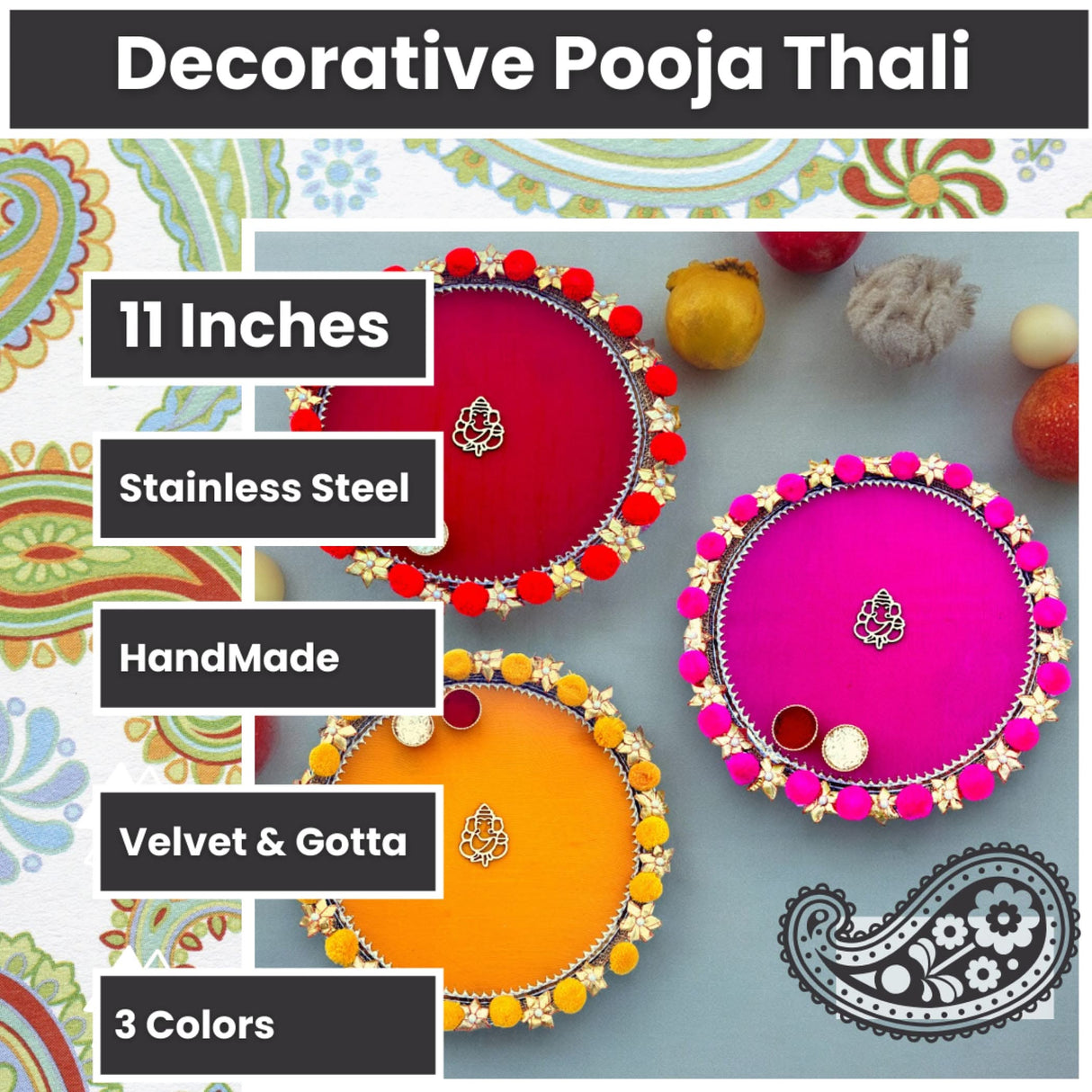 Steel Pompom Ganesha Decorated Pooja Thali Handmade Aarti Rituals Platter Festival Haldi Kumkum Thali Puja Teej Diwali Wedding Engagement Plate Decorations - Housewarming Gift - LoveNspire