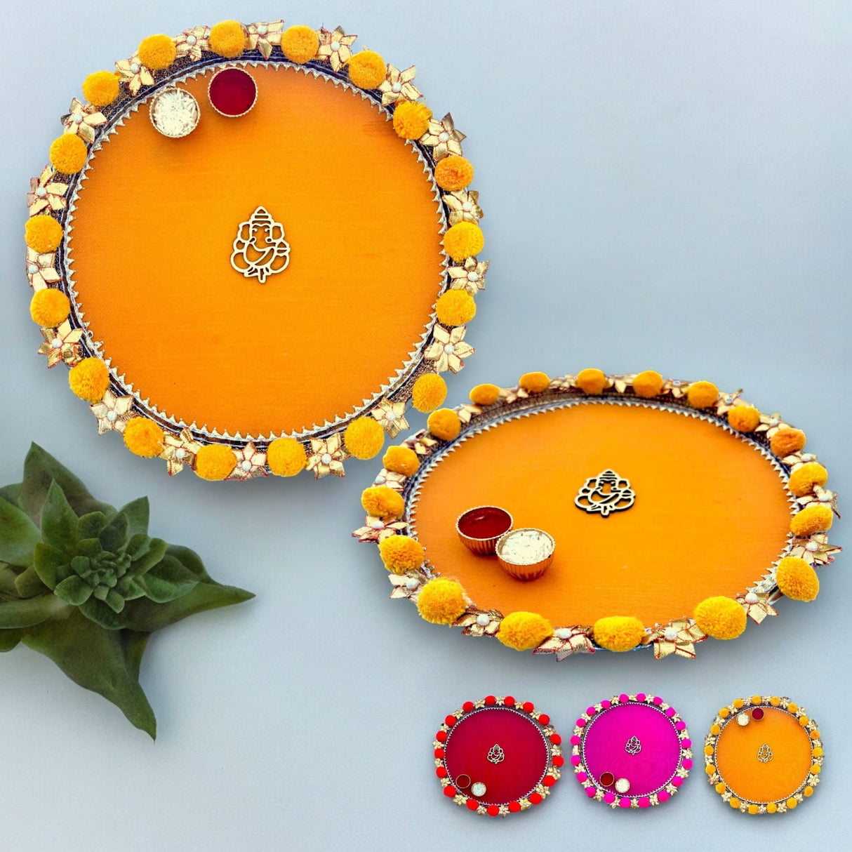 Steel Pompom Ganesha Decorated Pooja Thali Handmade Aarti Rituals Platter Festival Haldi Kumkum Thali Puja Teej Diwali Wedding Engagement Plate Decorations - Housewarming Gift - LoveNspire