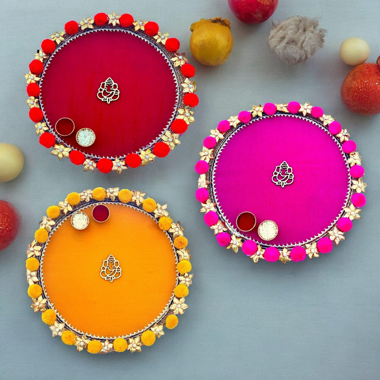 Steel Pompom Ganesha Decorated Pooja Thali Handmade Aarti Rituals Platter Festival Haldi Kumkum Thali Puja Teej Diwali Wedding Engagement Plate Decorations - Housewarming Gift - LoveNspire