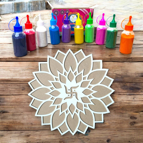 Reusable portable MDF Rangoli template with colorful powders for Indian festivals