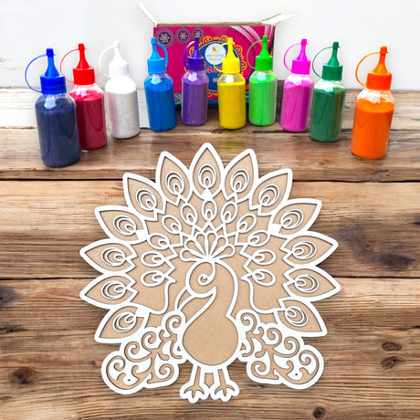 Peacock-shaped craft with colorful paint bottles on Rangoli Mat for Diwali decorations