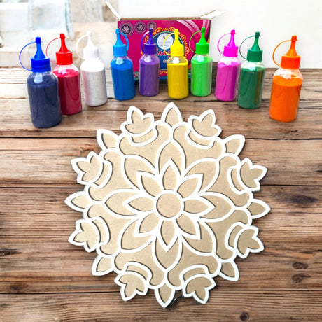Sand art kit with mandala design for Rangoli decoration on Diwali and Navratri celebrations