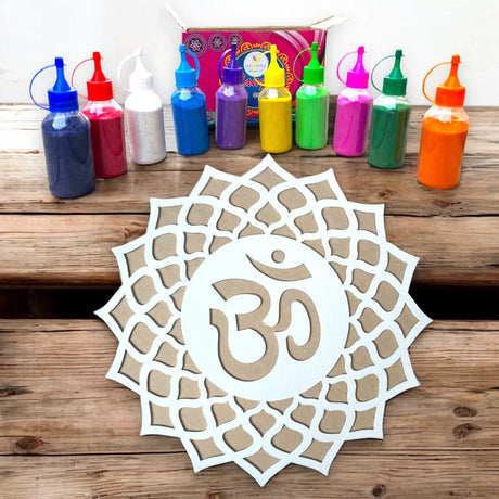 Colorfully bottled paint set with Om symbol mandala for Diwali Navratri decoration