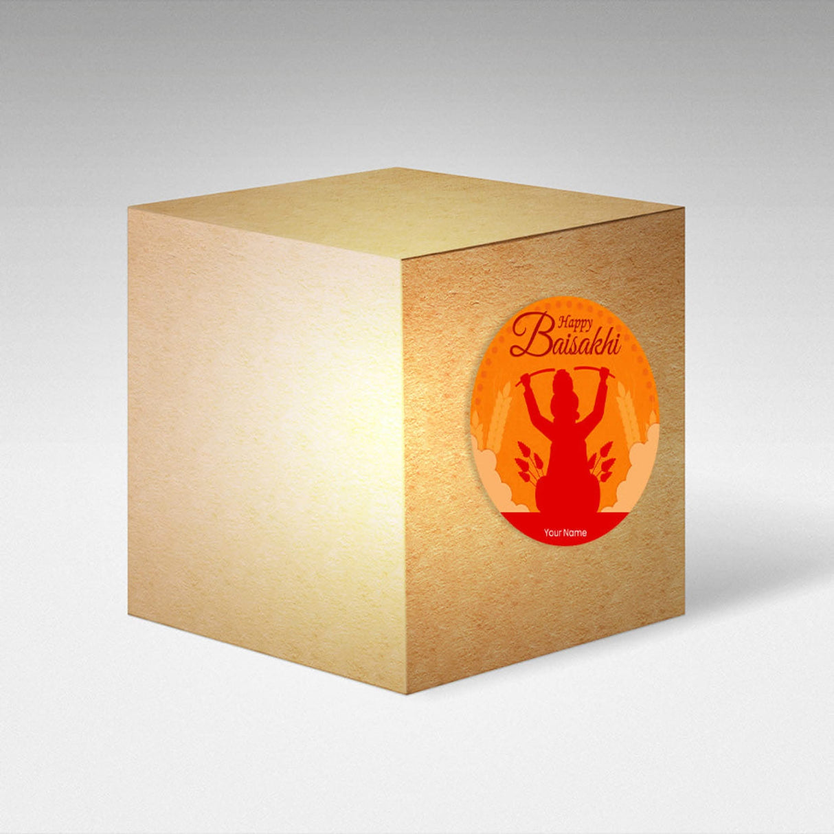 Tan cube with Baisakhi sticker ideal for Punjab Baisakhi celebrations and gift boxes