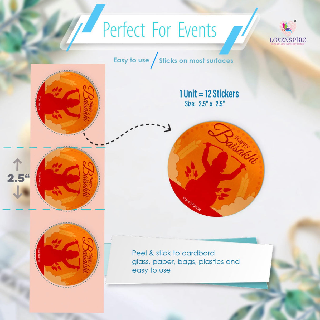 Baisakhi-themed sticker sheet with twelve 2.5-inch round customizable labels for Punjab festival