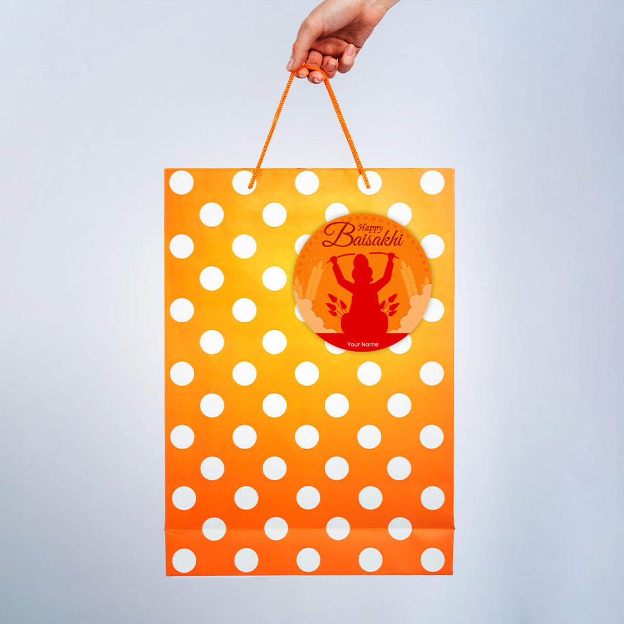 Orange polka dot gift bag for Baisakhi Hindu Religious Lohri celebration festival