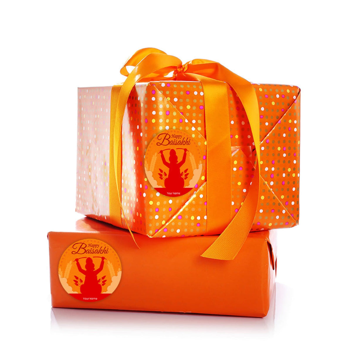 Stacked orange gift boxes with ribbons for Baisakhi Hindu Religious Lohri festival