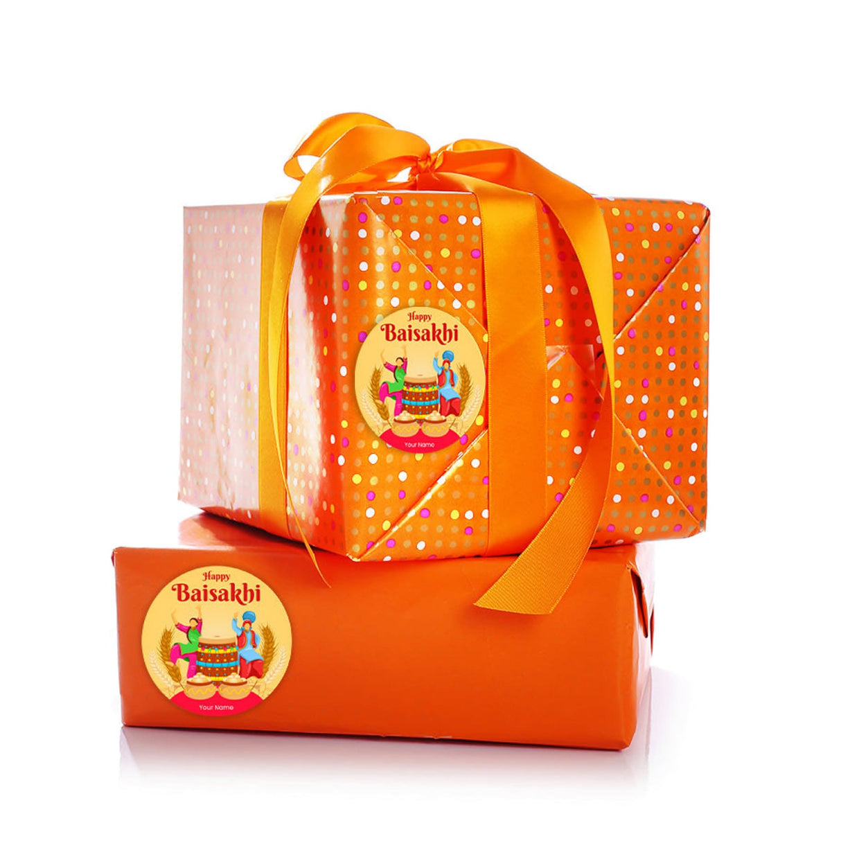 Stacked Baisakhi gifts wrapped in orange paper for religious celebration and gift packaging