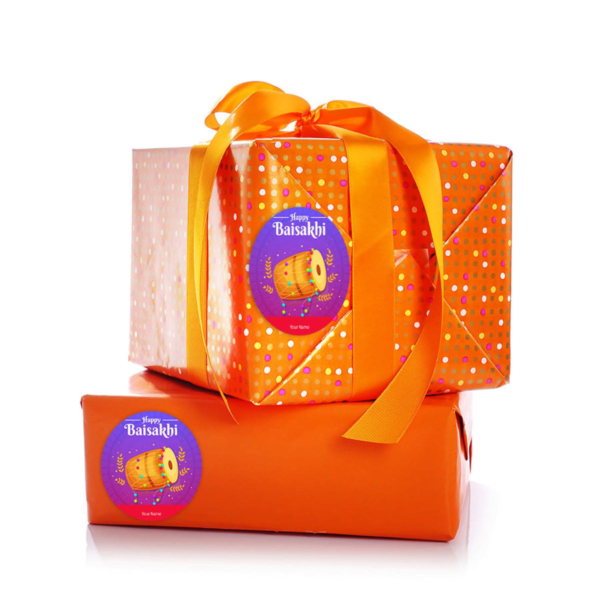 Stacked Baisakhi-themed gift boxes with custom name stickers for Punjab celebration