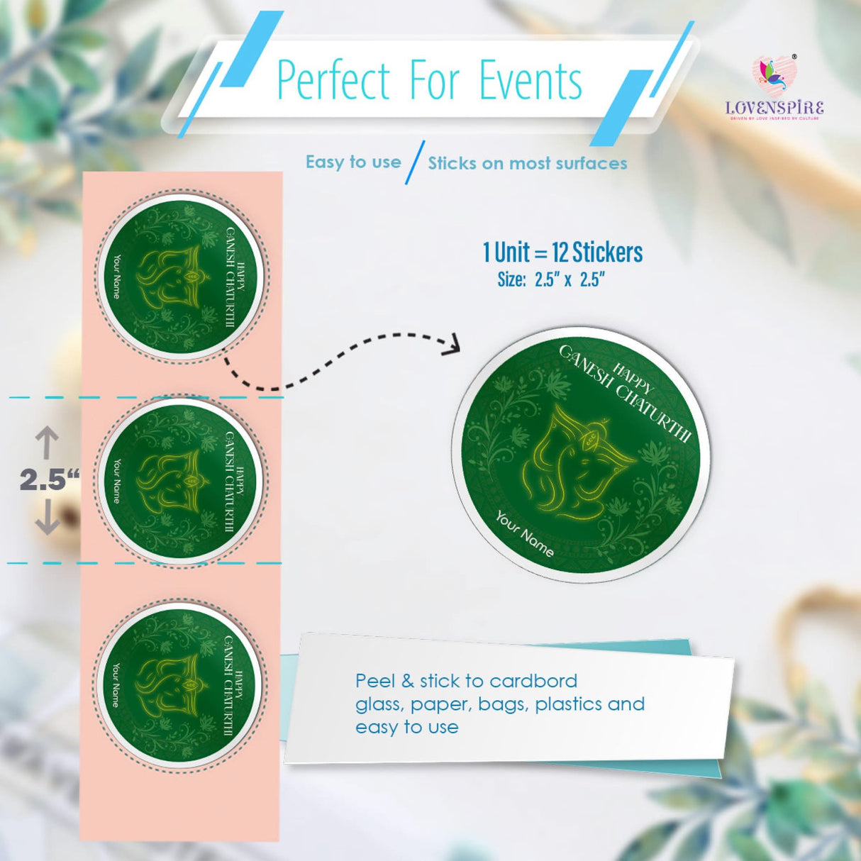 12 Pcs Happy Ganesh Chaturthi Personalized Custom Name Stickers Labels Customized Sticker for Ganesh Chaturthi Gift Boxes Envelopes Hindu God Lord Ganesha Celebration (2.5 Inches Round) - LoveNspire