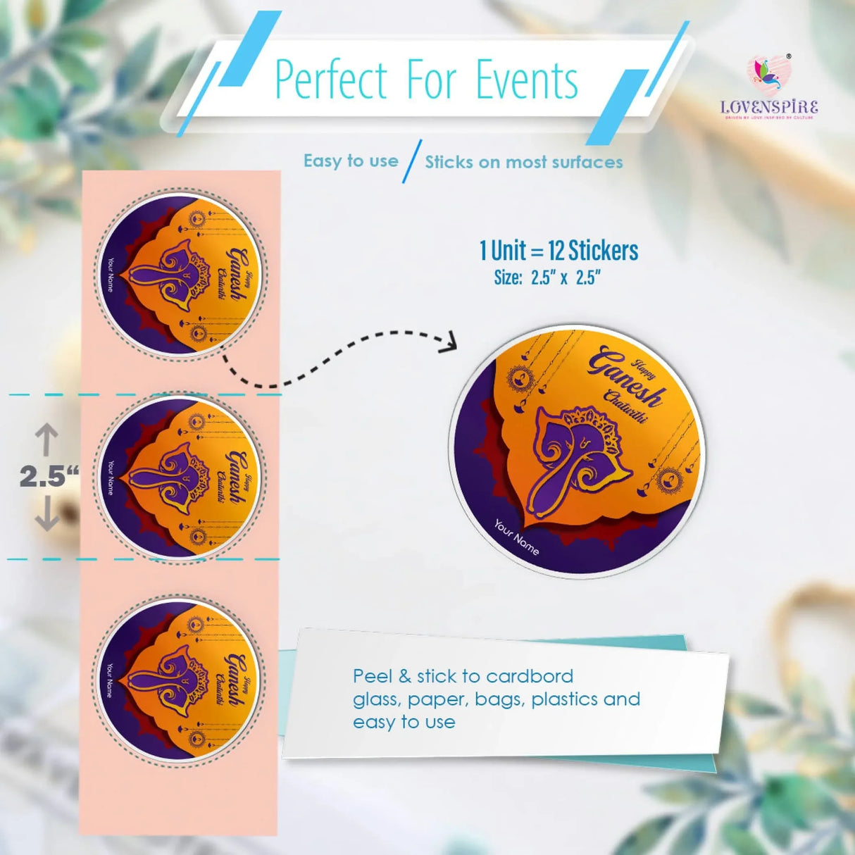 12 Pcs Happy Ganesh Chaturthi Personalized Custom Name Stickers Labels Customized Sticker for Ganesh Chaturthi Gift Boxes Envelopes Hindu God Lord Ganesha Celebration (2.5 Inches Round) - LoveNspire