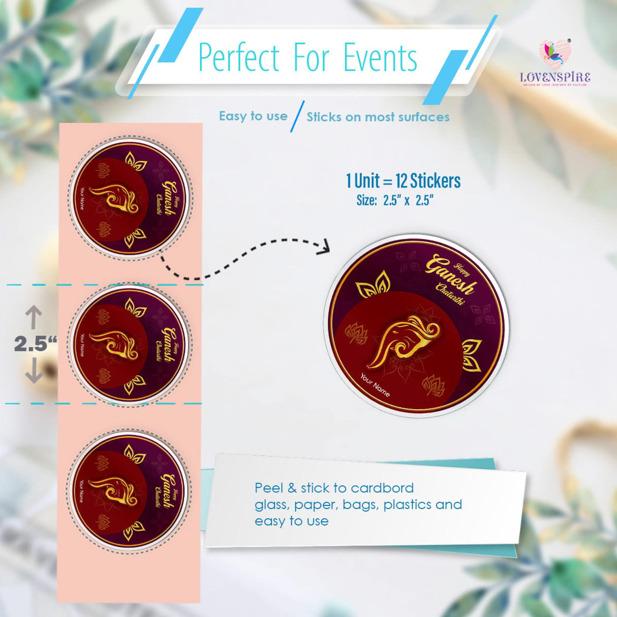 12 Pcs Happy Ganesh Chaturthi Personalized Custom Name Stickers Labels Customized Sticker for Ganesh Chaturthi Gift Boxes Envelopes Hindu God Lord Ganesha Celebration (2.5 Inches Round) - LoveNspire