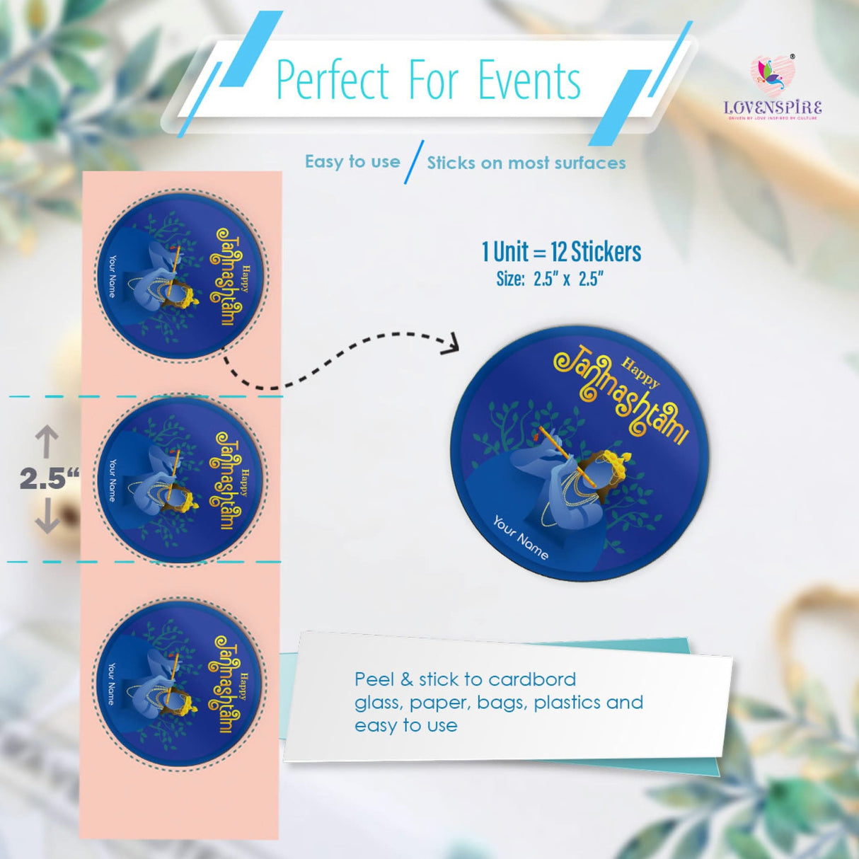 12 Pcs Happy Janmashtami Personalized Custom Name Stickers Labels Customized Stickers for Krishna Janmashtami Celebration Laddu Gopal Pooja Gift Boxes Decor Item (2.5 Inches Round) - LoveNspire