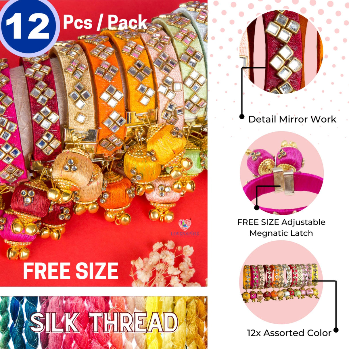 Silk Thread Bangles Designer Kundan Bangle Bracelet for Women Ethnic Handmade Beautiful Stylish Assorted Kangan with Latkan Free Size Fashion Jewelry for Indian Wedding - LoveNspire