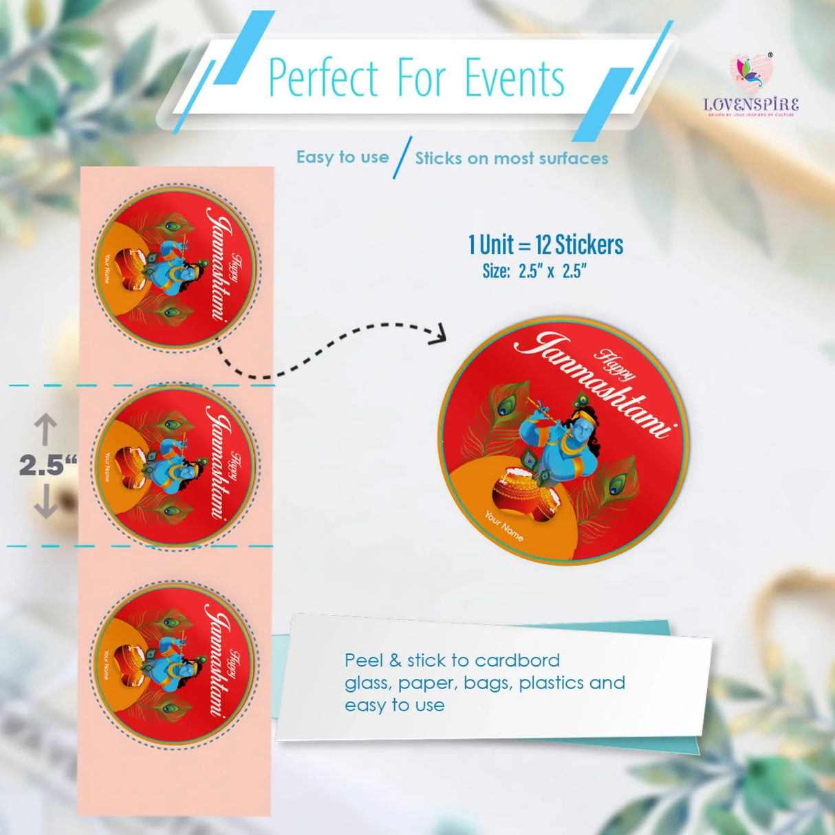 12 Pcs Happy Janmashtami Personalized Custom Name Stickers 2.5 Inches Round Labels Customized Stickers for Krishna Janmashtami Celebration Gift Boxes Hindu Religious Laddu Gopal Pooja - LoveNspire