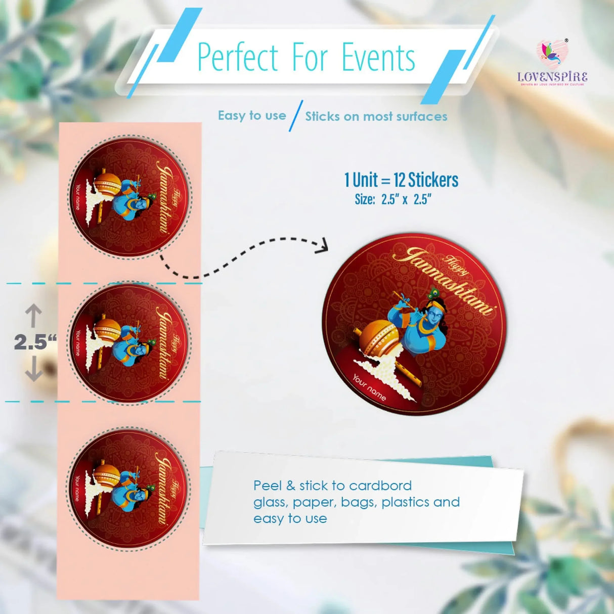 12 Pcs Happy Janmashtami Personalized Custom Name Stickers Labels Customized Stickers for Krishna Janmashtami Celebration Gift Boxes Hindu Religious Laddu Gopal Pooja (2.5 Inches Round) - LoveNspire