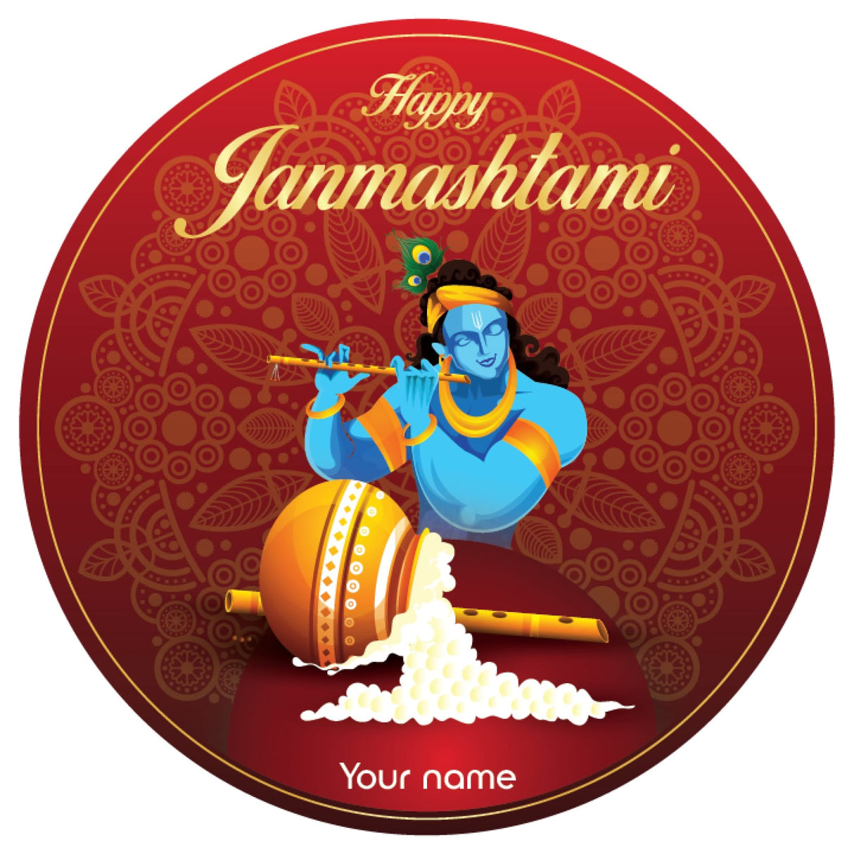12 Pcs Happy Janmashtami Personalized Custom Name Stickers Labels Customized Stickers for Krishna Janmashtami Celebration Gift Boxes Hindu Religious Laddu Gopal Pooja (2.5 Inches Round) - LoveNspire