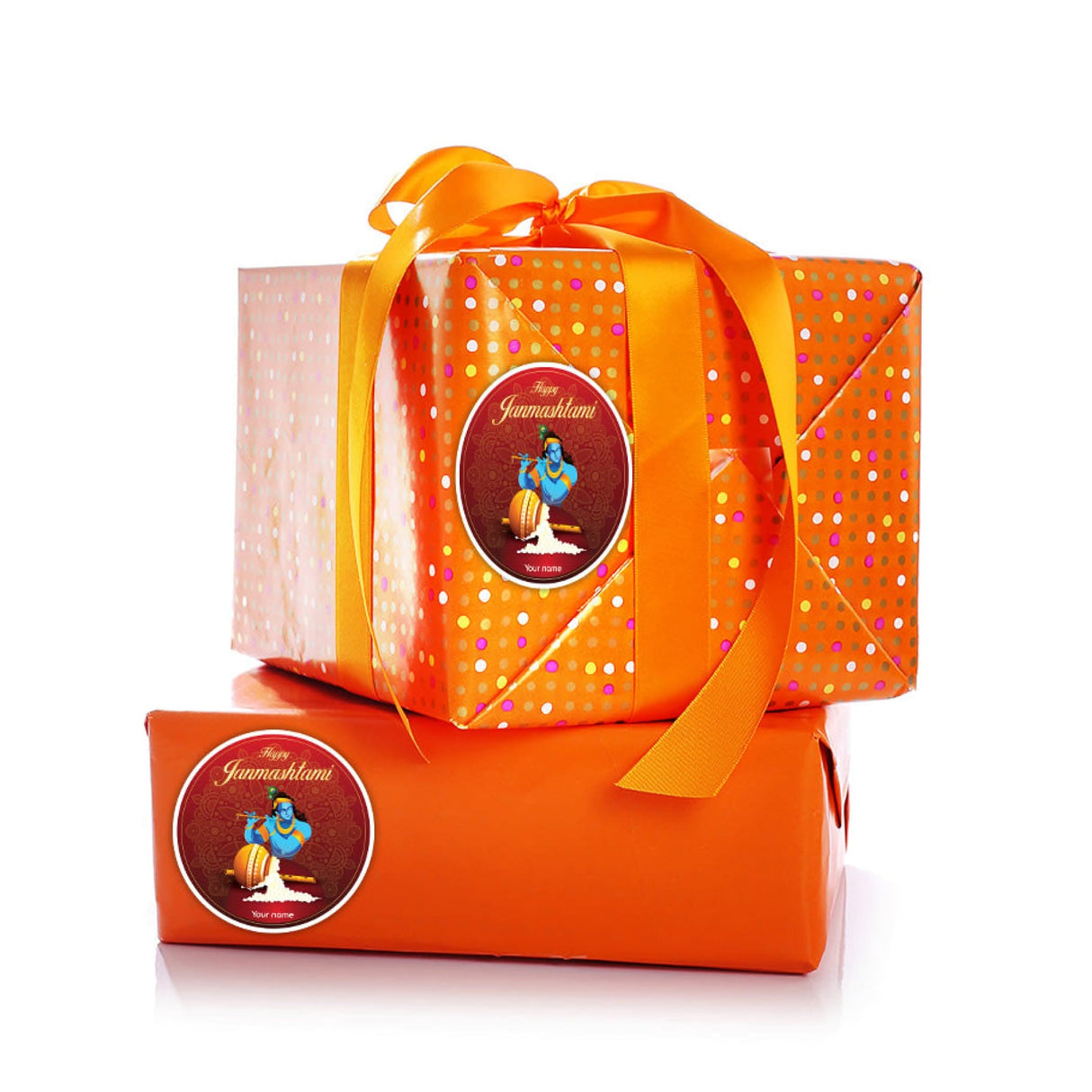 12 Pcs Happy Janmashtami Personalized Custom Name Stickers Labels Customized Stickers for Krishna Janmashtami Celebration Gift Boxes Hindu Religious Laddu Gopal Pooja (2.5 Inches Round) - LoveNspire