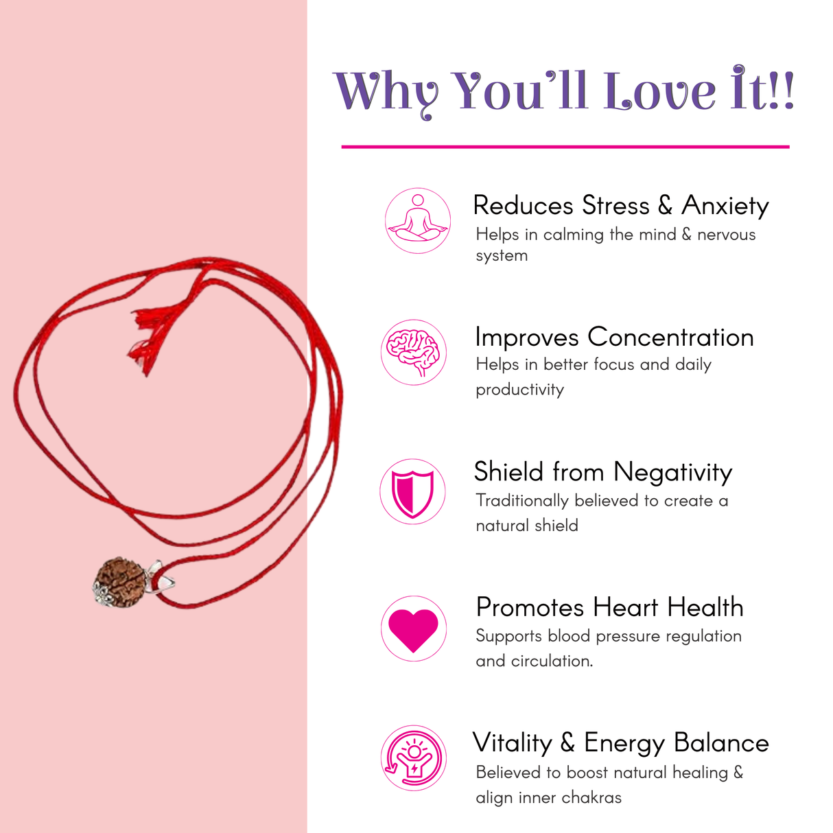 Certified Rudraksha Pendant Mala Prayer Bead Handmade Astrological Shiva Necklace Jewelry for Men Women 3 to 6 Mukhi Rudraksh with Silver Plated on Red Cotton Cord