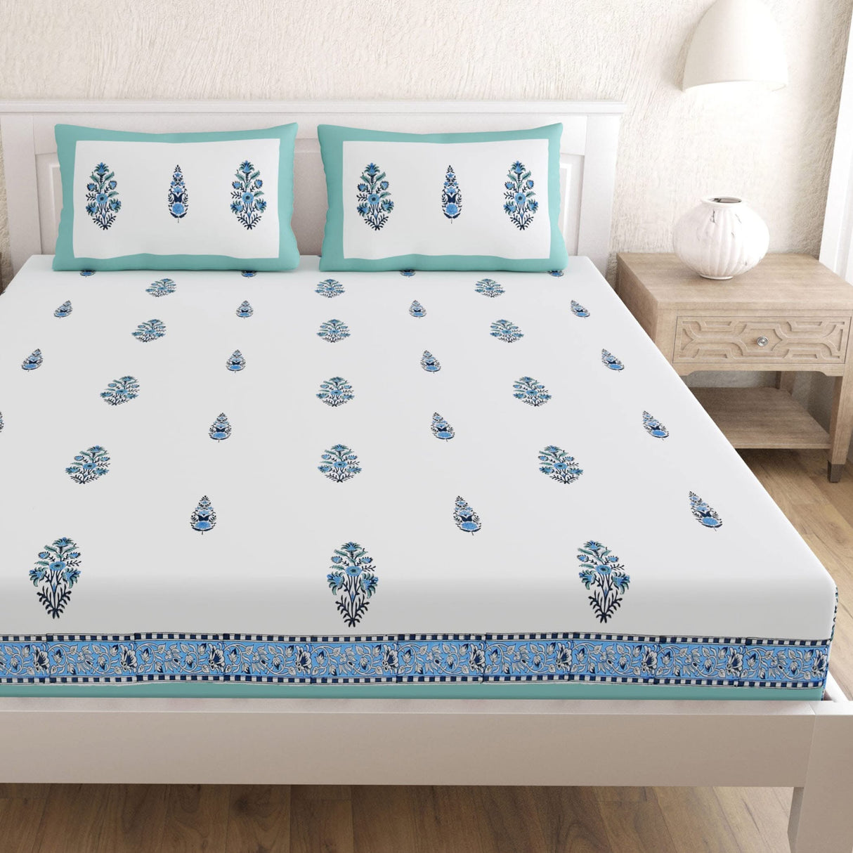 Indian Ethnic Fitted Sheet Set – 150 Thread Count, 100% Cotton, Floral Print, Premium Soft & Breathable Bedding (King, Queen) - LoveNspire