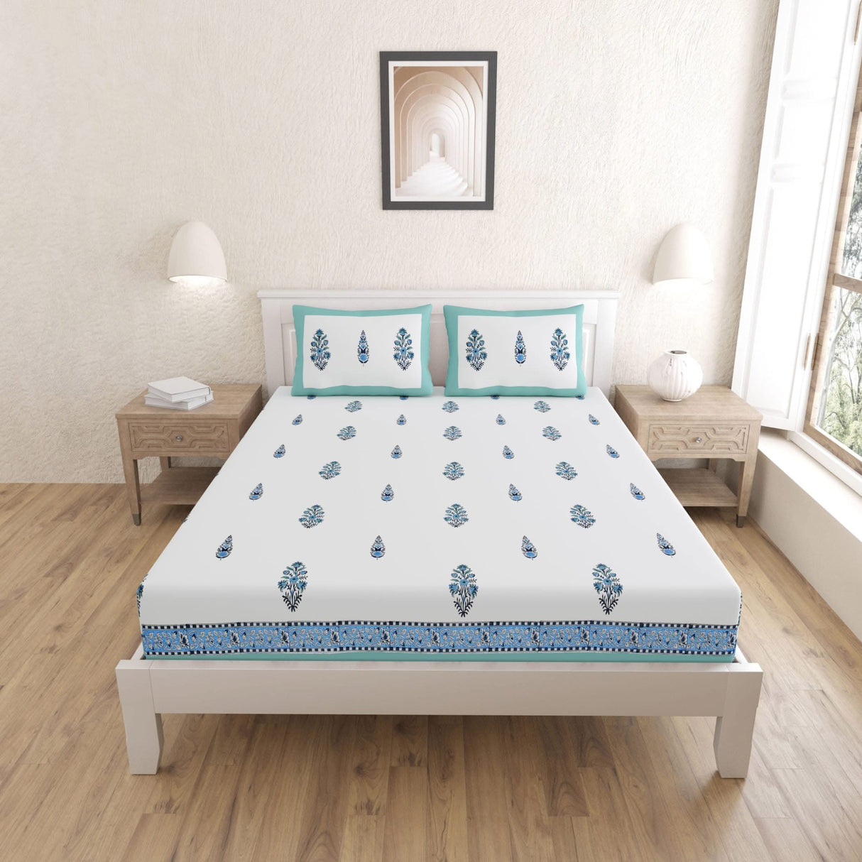 Indian Ethnic Fitted Sheet Set – 150 Thread Count, 100% Cotton, Floral Print, Premium Soft & Breathable Bedding (King, Queen) - LoveNspire