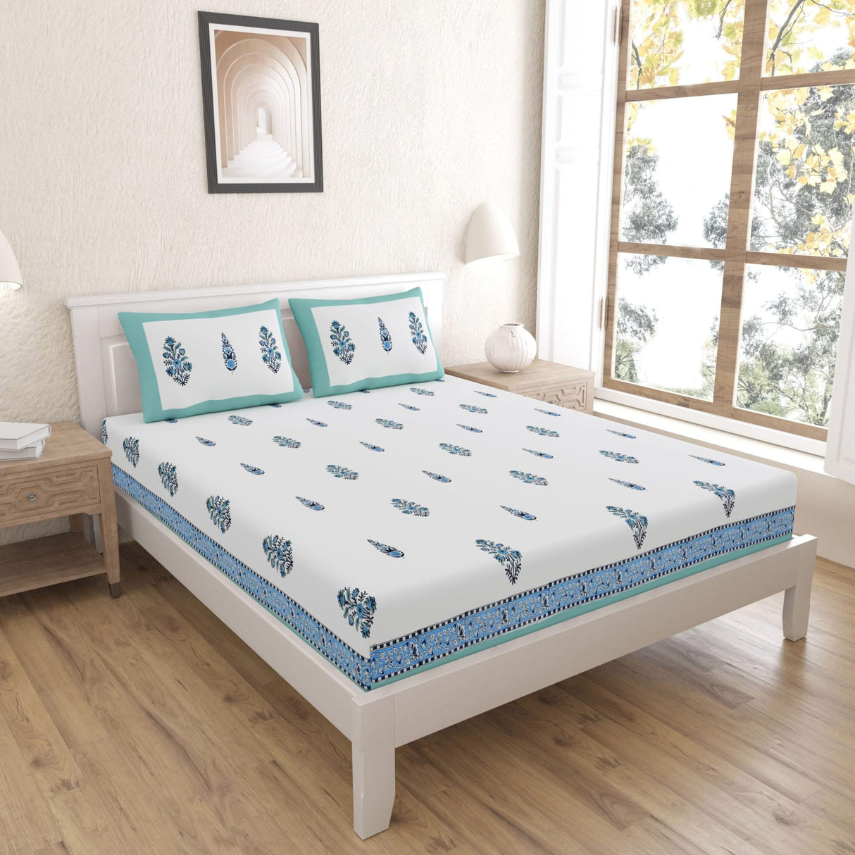 Indian Ethnic Fitted Sheet Set – 150 Thread Count, 100% Cotton, Floral Print, Premium Soft & Breathable Bedding (King, Queen) - LoveNspire