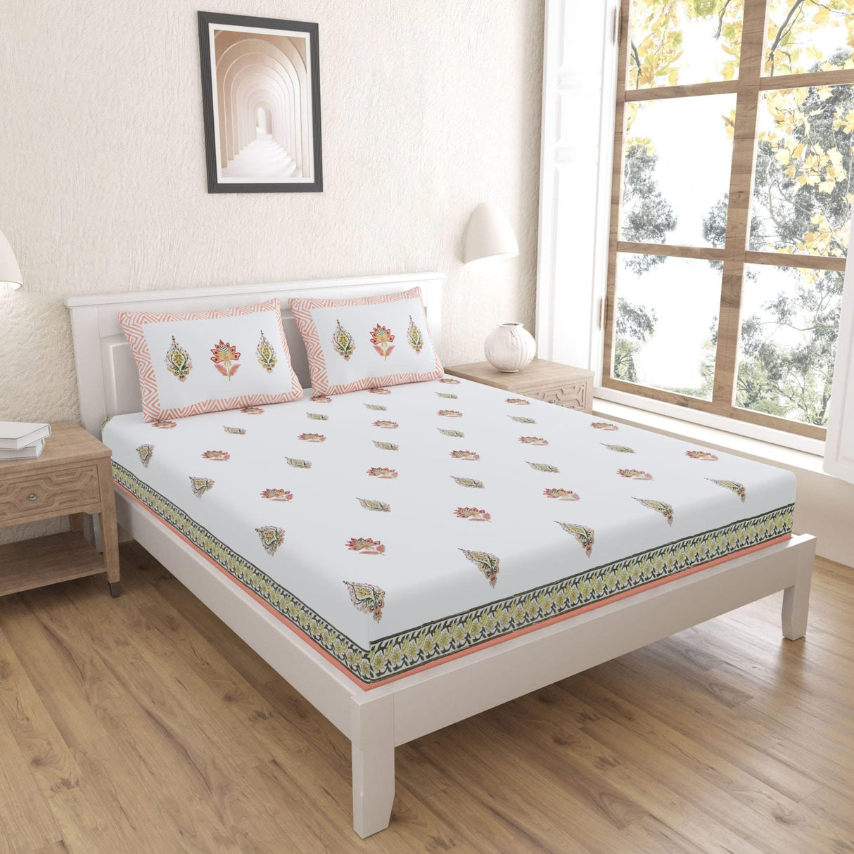 3 Pcs Fitted Sheet Set 150 Thread Count 100% Cotton Floral Printed Indian Ethnic Bedsheets Premium Soft & Breathable Bedding Set Home Decor Sheets (king, Queen) - LoveNspire