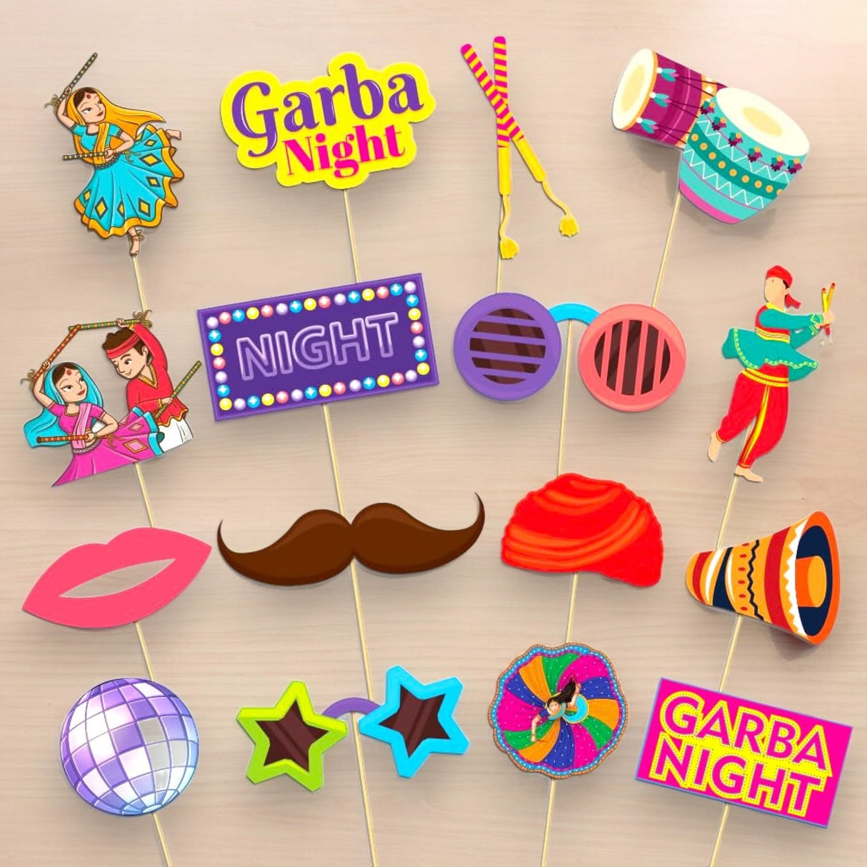 16 Pcs Navratri Garba Night Photo Booth Props Kit Garba Decoration Item Happy Navaratri Hindu Festival Party Favors Decorations Kit for Photoshoot Home Indoor Outdoor Decor - LoveNspire