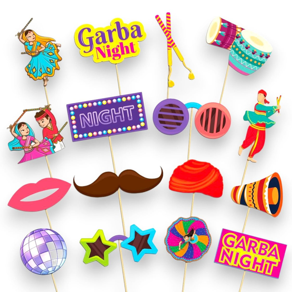 16 Pcs Navratri Garba Night Photo Booth Props Kit Garba Decoration Item Happy Navaratri Hindu Festival Party Favors Decorations Kit for Photoshoot Home Indoor Outdoor Decor - LoveNspire