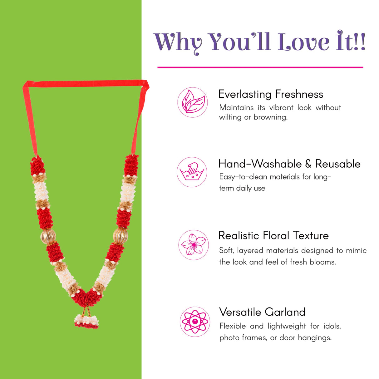 Red white floral 2PC idol mala garland 12 inch flexible layered satin haar