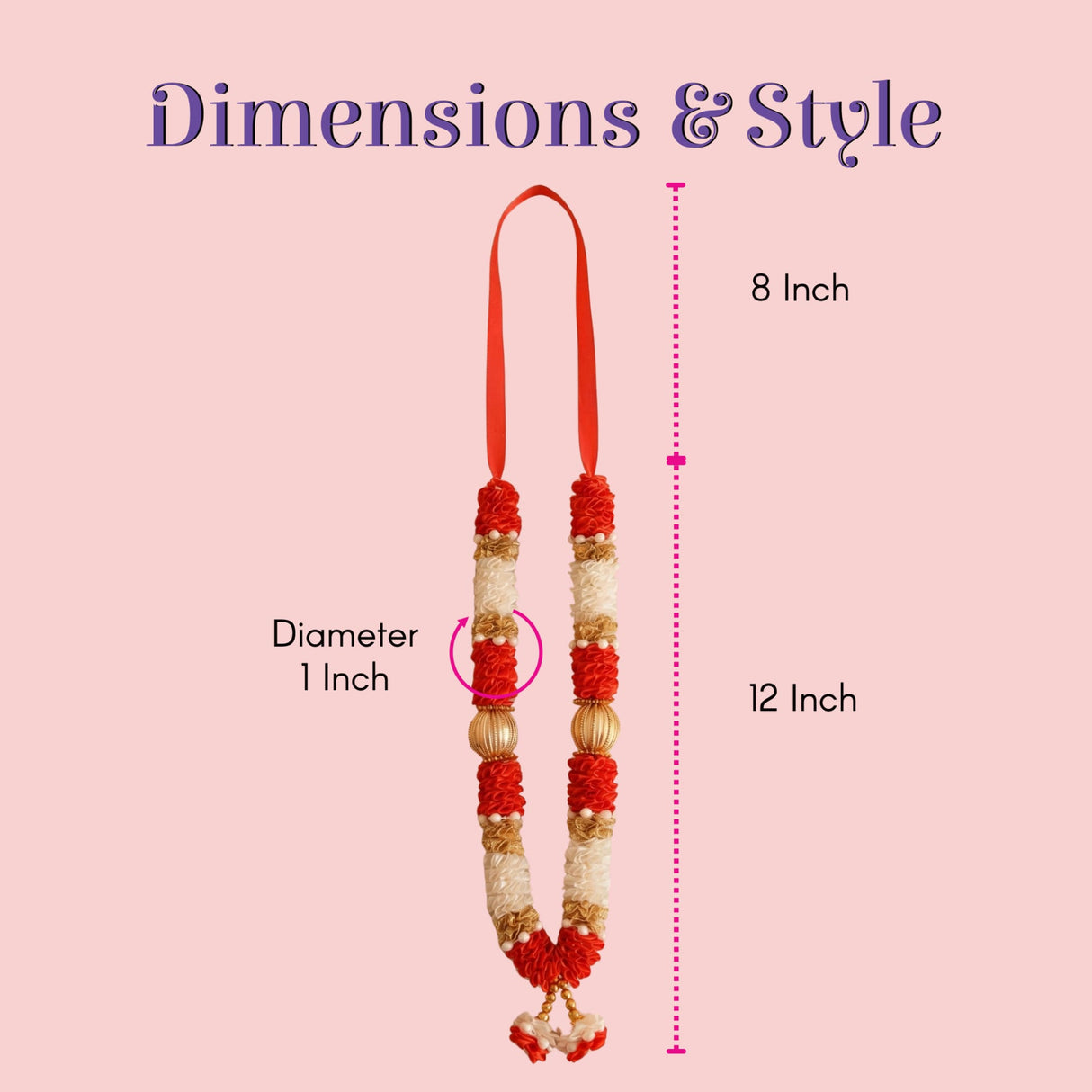Traditional red white floral idol mala garland with gold accents, 12 inch