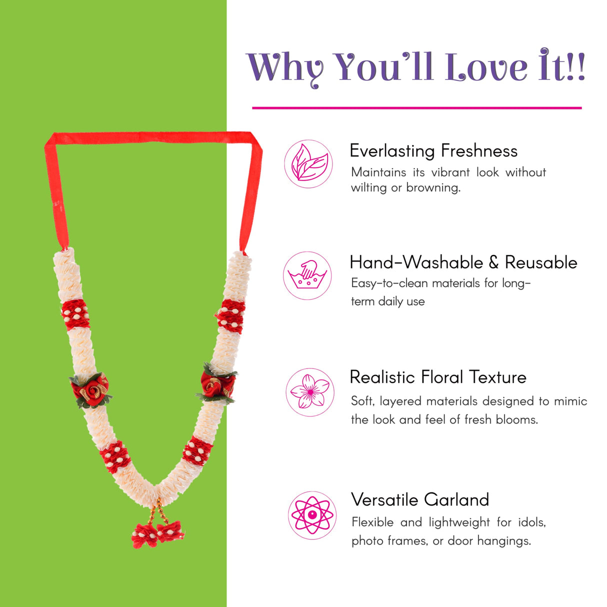 Red white 2PC idol mala garland with textured floral blooms for pooja decor