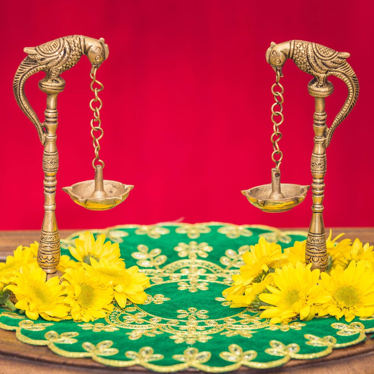 2 PC Parrot Brass Oil Diya Kerala Samai Puja Diya Traditional 7.5 Inches Bird Pair Hanging Chain Oil Lamp Hindu Religious Kathu Vilakku Deepak for Home Temple Diwali Decor Housewarming Gift - LoveNspire