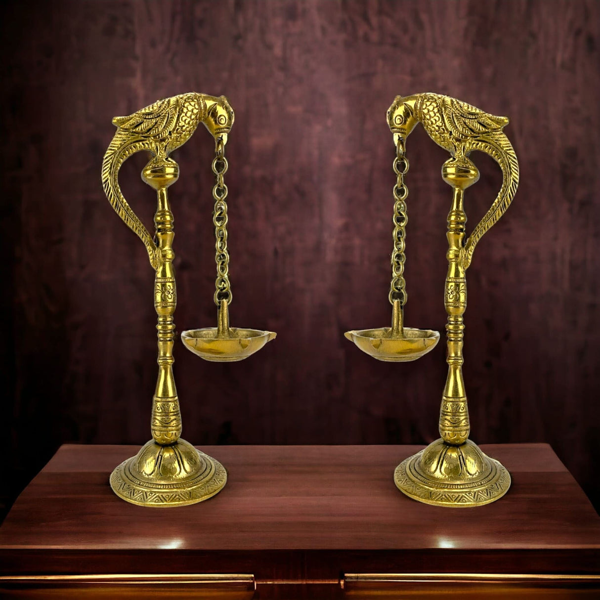 2 PC Parrot Brass Oil Diya Kerala Samai Puja Diya Traditional 7.5 Inches Bird Pair Hanging Chain Oil Lamp Hindu Religious Kathu Vilakku Deepak for Home Temple Diwali Decor Housewarming Gift - LoveNspire