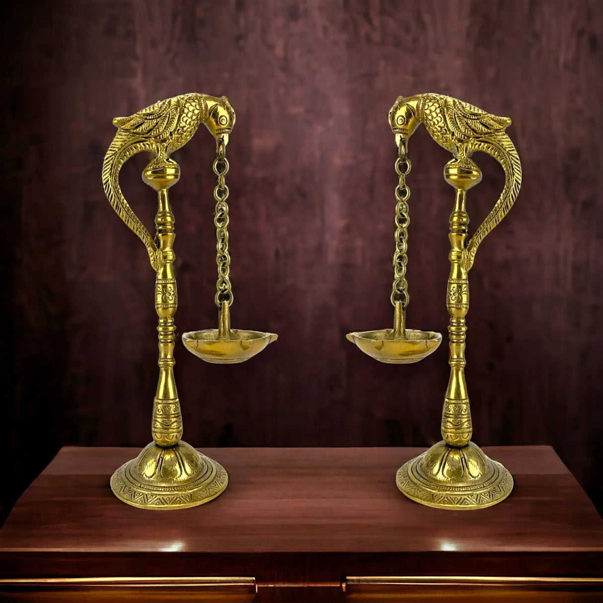 2 PC Parrot Brass Oil Diya Kerala Samai Puja Diya Traditional 7.5 Inches Bird Pair Hanging Chain Oil Lamp Hindu Religious Kathu Vilakku Deepak for Home Temple Diwali Decor Housewarming Gift - LoveNspire
