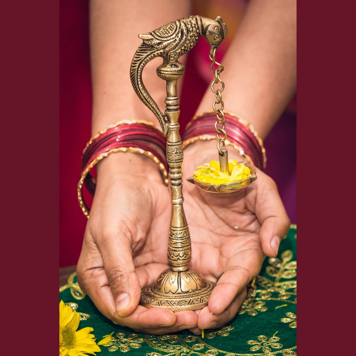 2 PC Parrot Brass Oil Diya Kerala Samai Puja Diya Traditional 7.5 Inches Bird Pair Hanging Chain Oil Lamp Hindu Religious Kathu Vilakku Deepak for Home Temple Diwali Decor Housewarming Gift - LoveNspire