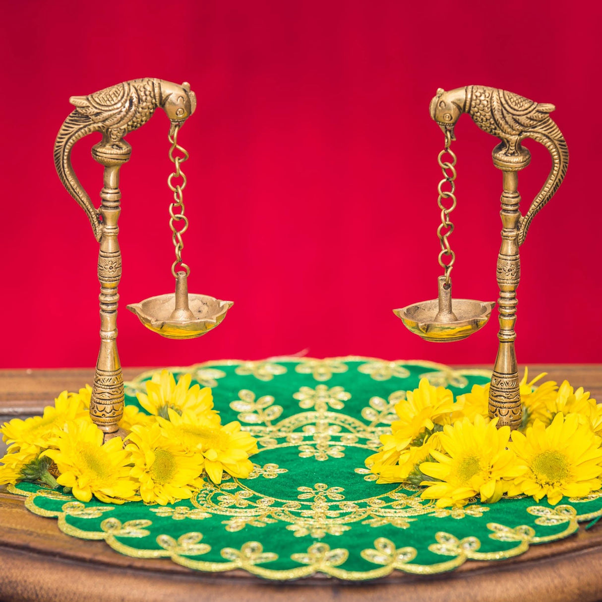 2 PC Parrot Brass Oil Diya Kerala Samai Puja Diya Traditional 7.5 Inches Bird Pair Hanging Chain Oil Lamp Hindu Religious Kathu Vilakku Deepak for Home Temple Diwali Decor Housewarming Gift - LoveNspire