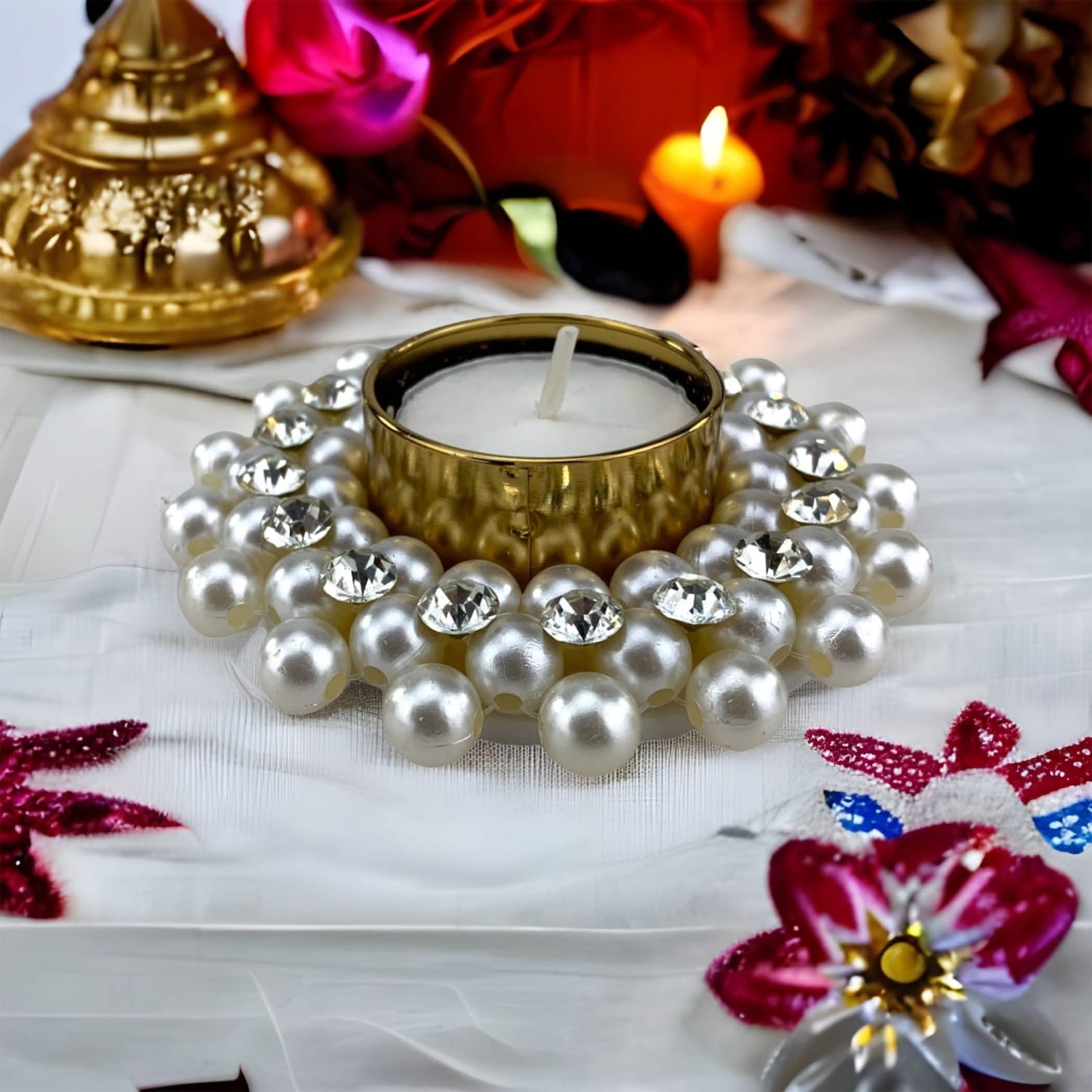 Pearl T-light Holder, Tealight Candle Holder Festival of Light Decorative for Diwali Christmas Thanksgiving Housewarming Gift Moti Candle Stand for Centerpiece Dining Table Home Decor - LoveNspire