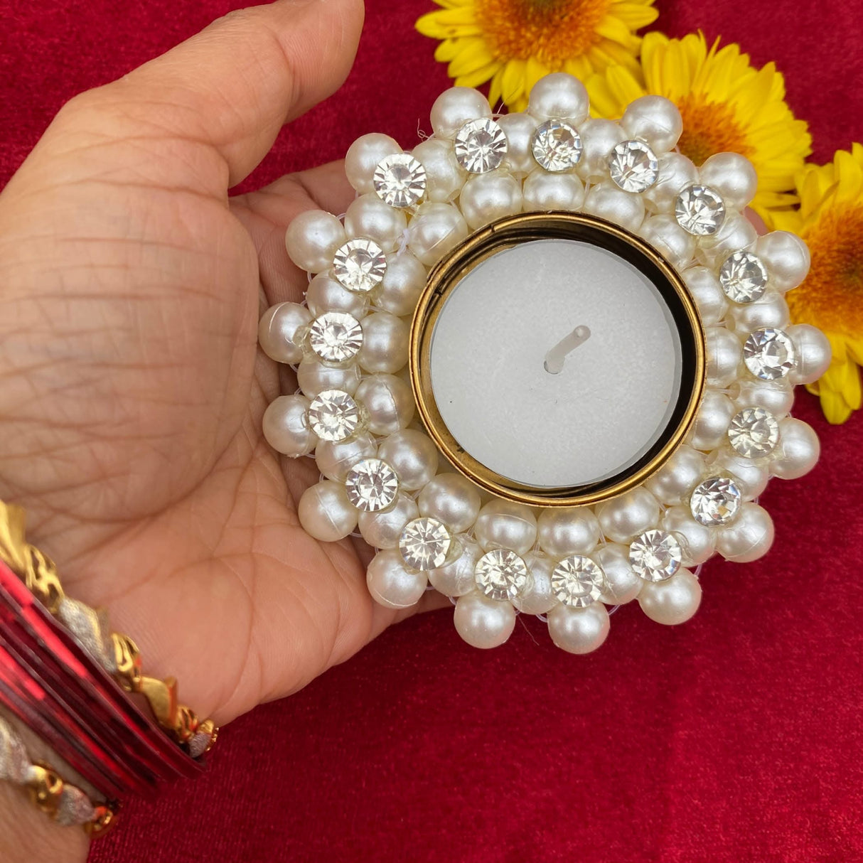 Pearl T-light Holder, Tealight Candle Holder Festival of Light Decorative for Diwali Christmas Thanksgiving Housewarming Gift Moti Candle Stand for Centerpiece Dining Table Home Decor - LoveNspire