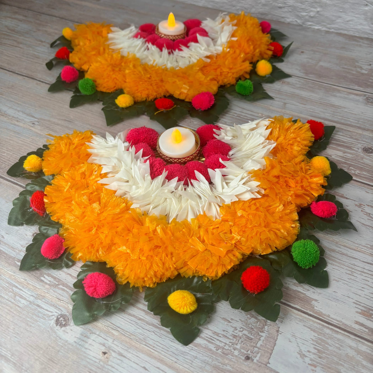 2 Ct Rangoli Mat Diwali Decor Semi Circle Tea Light Holders Artificial Leaf Marigold Flowers Decorative Home Pooja Temple Decor Housewarming Return Gift Day of the Dead Dia De Los Muertos - LoveNspire