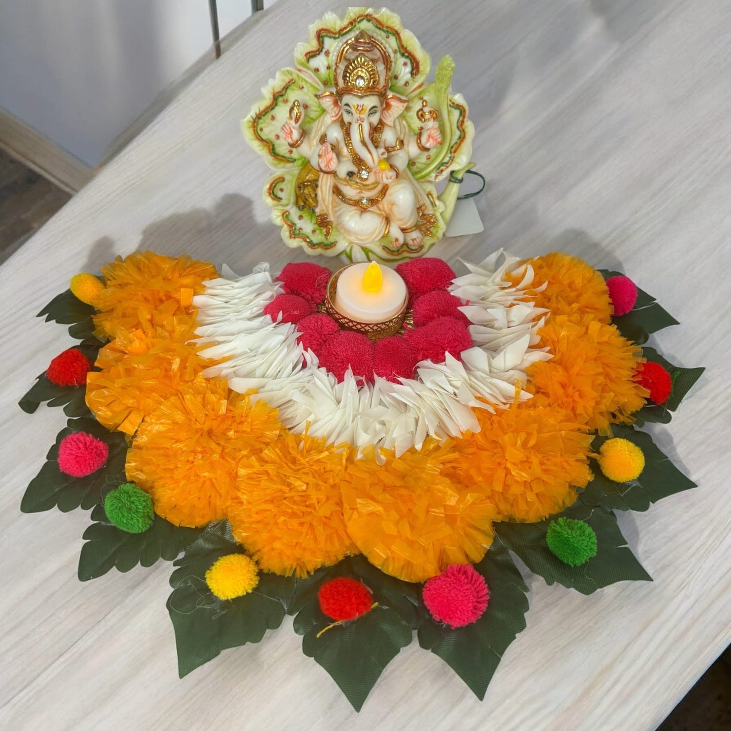 2 Ct Rangoli Mat Diwali Decor Semi Circle Tea Light Holders Artificial Leaf Marigold Flowers Decorative Home Pooja Temple Decor Housewarming Return Gift Day of the Dead Dia De Los Muertos - LoveNspire