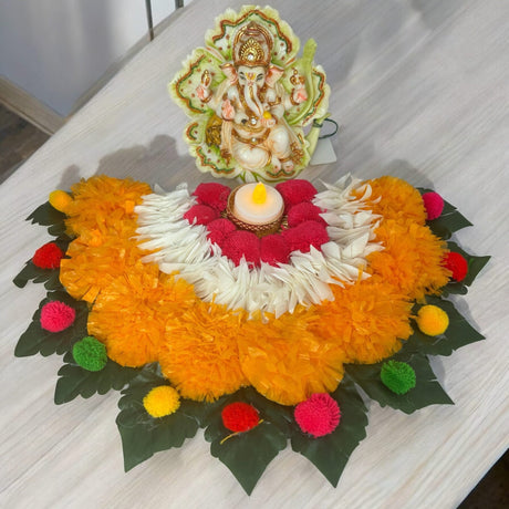 2 Ct Rangoli Mat Diwali Decor Semi Circle Tea Light Holders Artificial Leaf Marigold Flowers Decorative Home Pooja Temple Decor Housewarming Return Gift Day of the Dead Dia De Los Muertos - LoveNspire