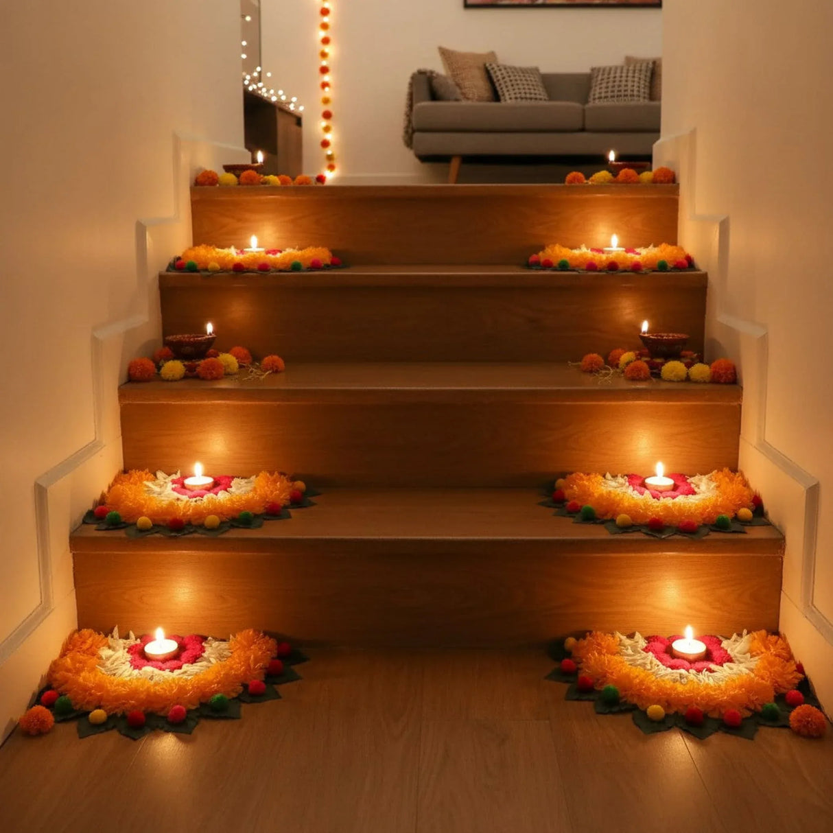 2 Ct Rangoli Mat Diwali Decor Semi Circle Tea Light Holders Artificial Leaf Marigold Flowers Decorative Home Pooja Temple Decor Housewarming Return Gift Day of the Dead Dia De Los Muertos - LoveNspire