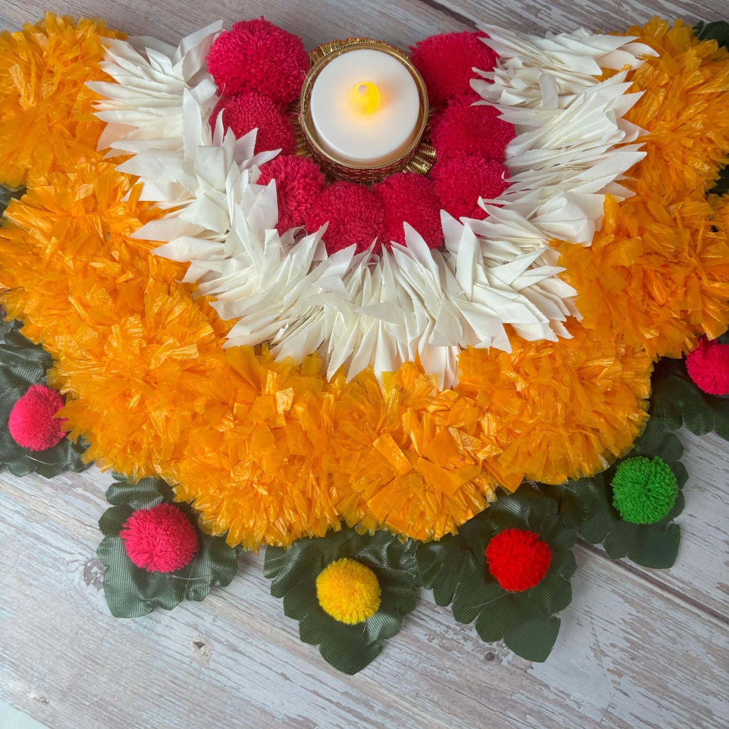 2 Ct Rangoli Mat Diwali Decor Semi Circle Tea Light Holders Artificial Leaf Marigold Flowers Decorative Home Pooja Temple Decor Housewarming Return Gift Day of the Dead Dia De Los Muertos - LoveNspire