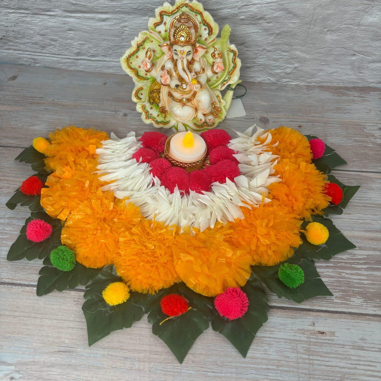 2 Ct Rangoli Mat Diwali Decor Semi Circle Tea Light Holders Artificial Leaf Marigold Flowers Decorative Home Pooja Temple Decor Housewarming Return Gift Day of the Dead Dia De Los Muertos - LoveNspire