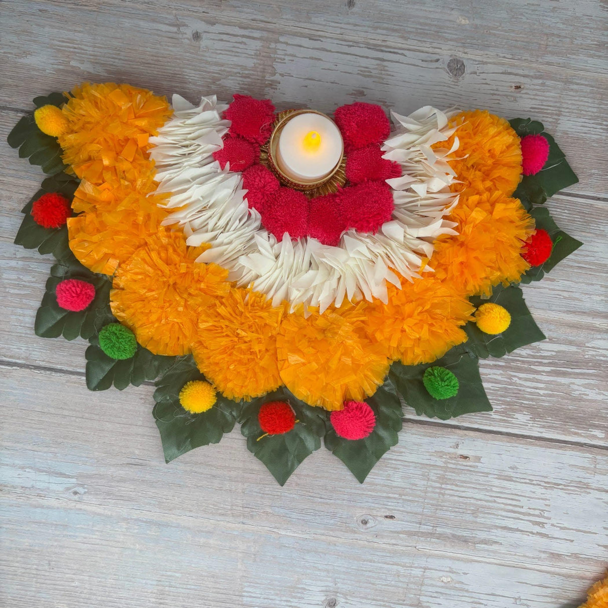 2 Ct Rangoli Mat Diwali Decor Semi Circle Tea Light Holders Artificial Leaf Marigold Flowers Decorative Home Pooja Temple Decor Housewarming Return Gift Day of the Dead Dia De Los Muertos - LoveNspire